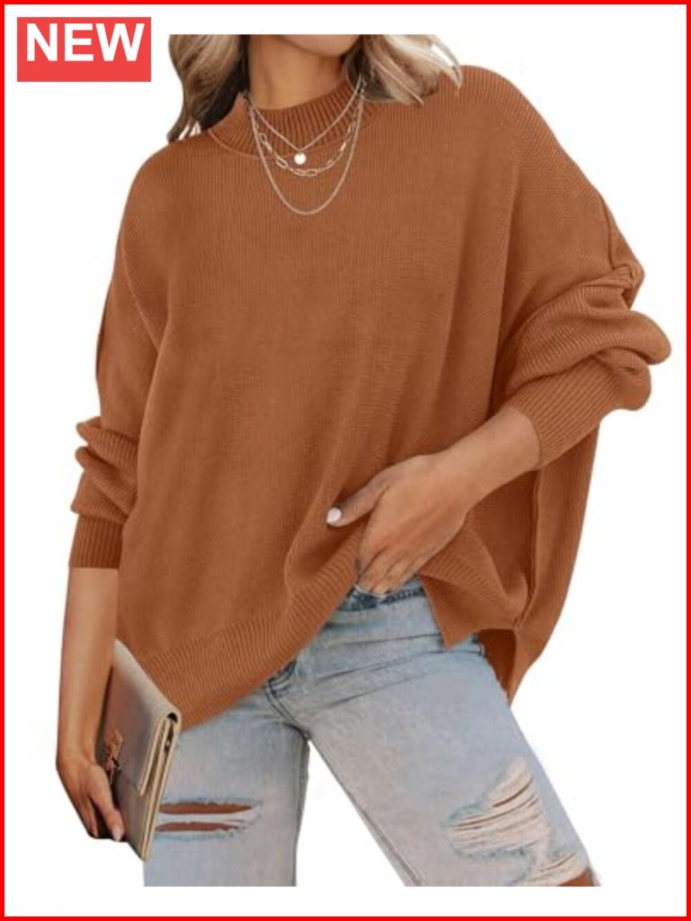 Oversized Ribbed Knit Sweater Batwing Sleeve Tunic Pullover